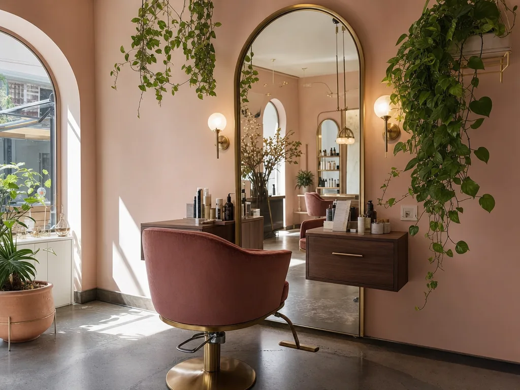 The salon: arched mirror, rose velvet chair, brass and plants