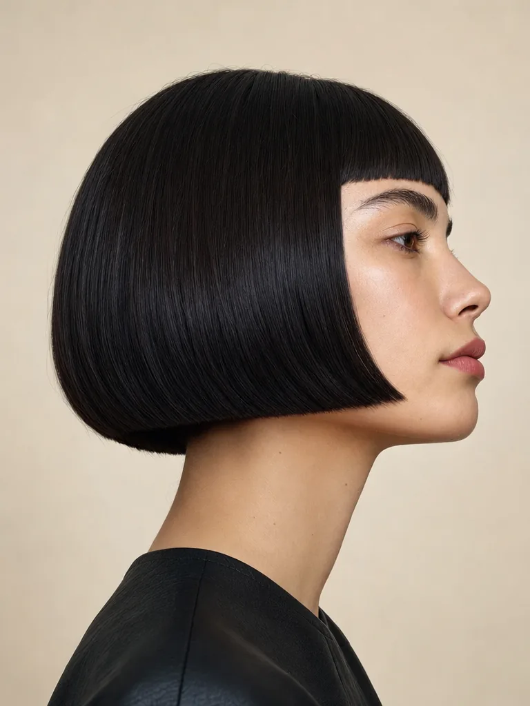 Sleek dark chin-length bob with sharp fringe