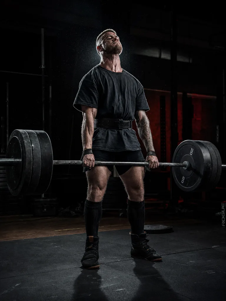 Athlete locking out a heavy deadlift