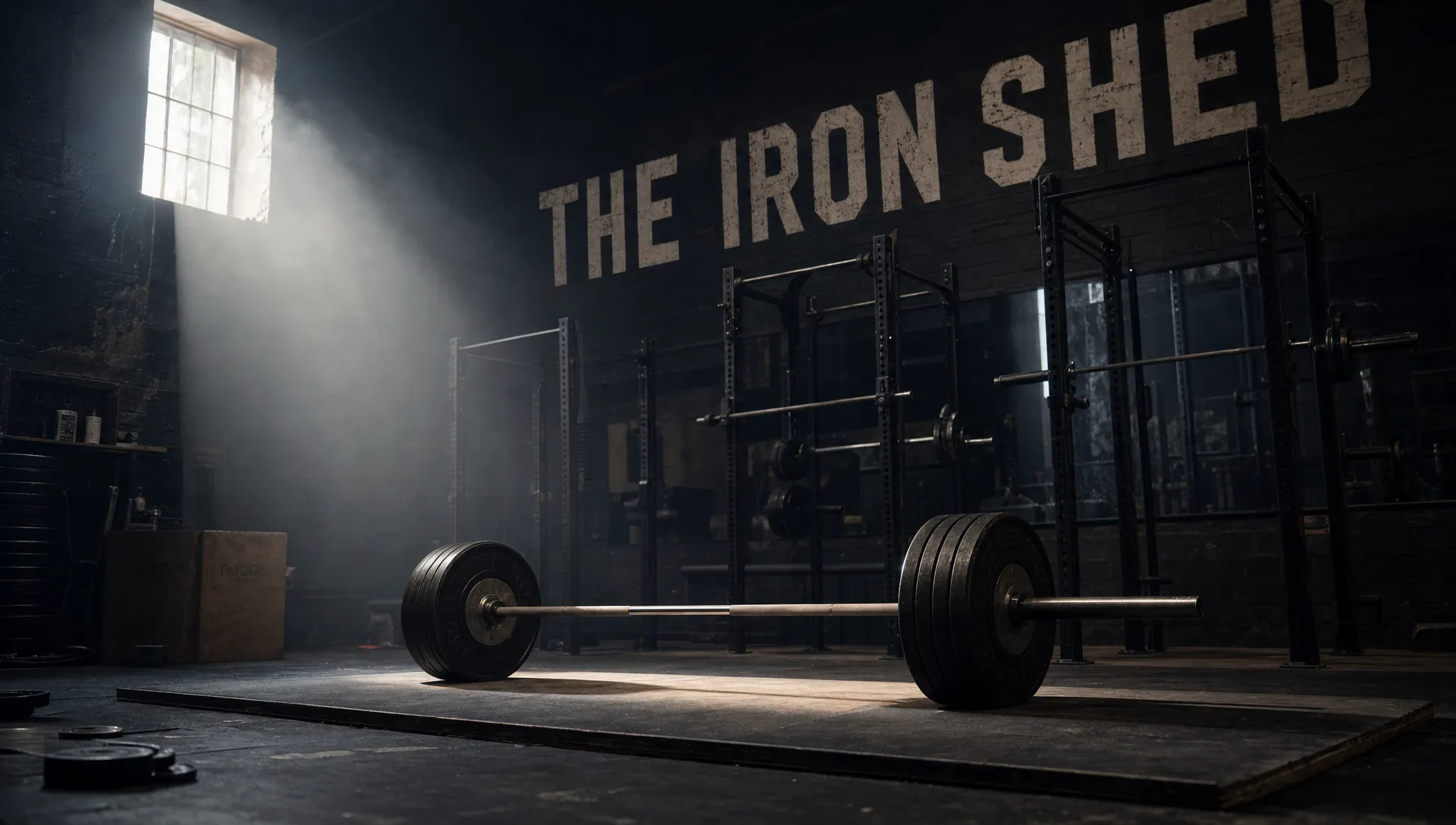 A loaded barbell in a shaft of light inside a dark shed gym