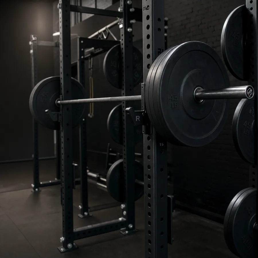 Black steel power rack with loaded barbell