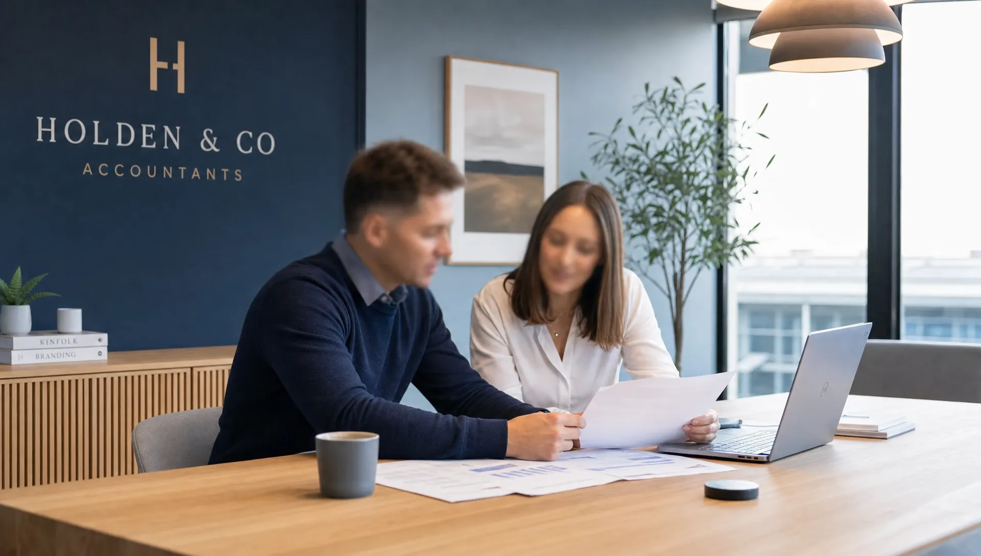 Two people reviewing documents at a long oak table