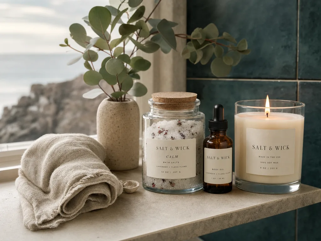 Bathroom shelf with candles and bath goods