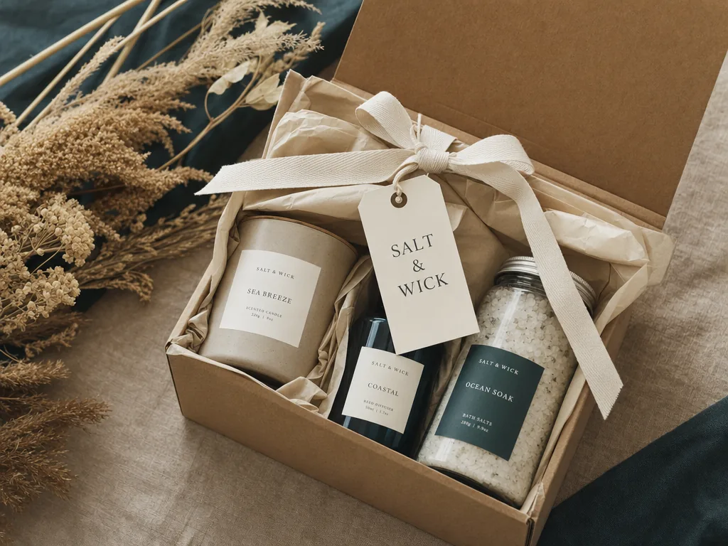 An open kraft gift box with candles and bath salts in tissue paper