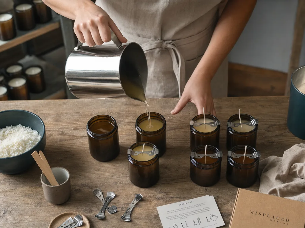Hands pouring wax into amber jars on a workbench