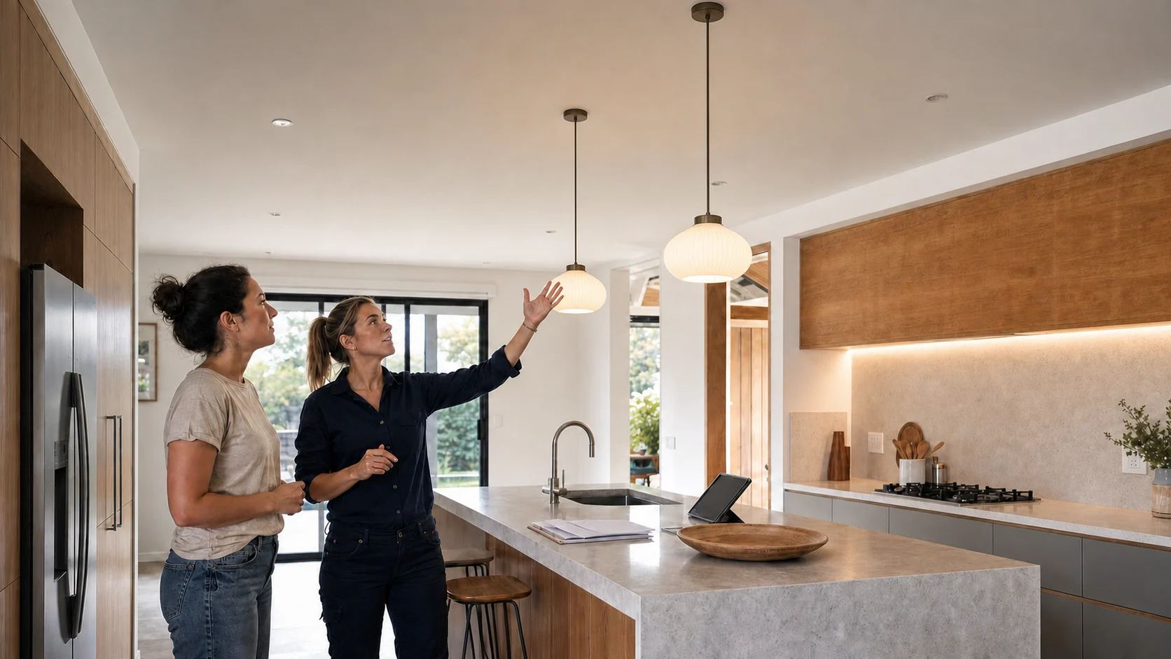 The same kitchen with two pendant lights over the island and under-cabinet lighting, switched on