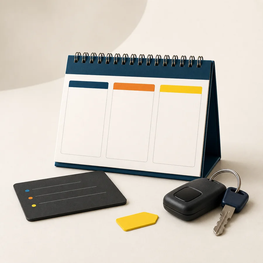 A desk calendar, job card and set of keys