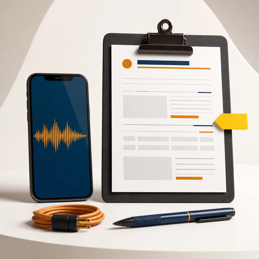 A phone voice note beside a quote sheet on a clipboard