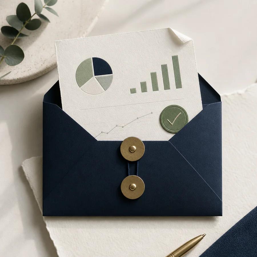 A reviewed one-page report in a navy and brass envelope