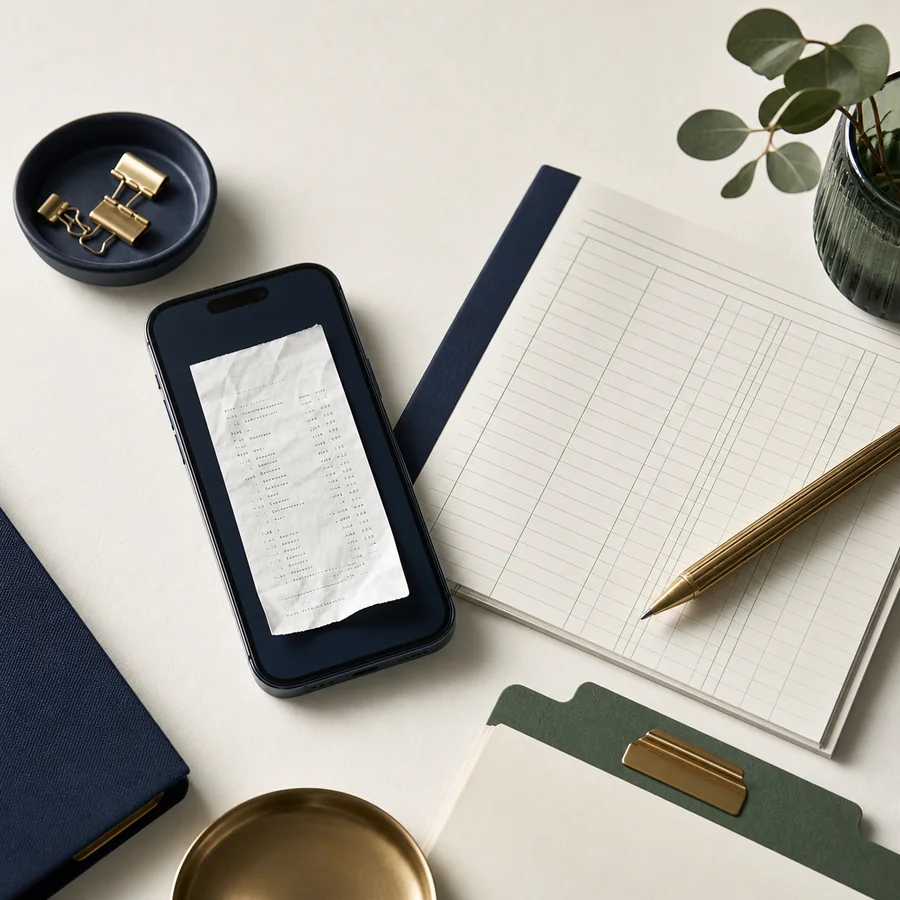 A phone receipt beside an organised ledger sheet