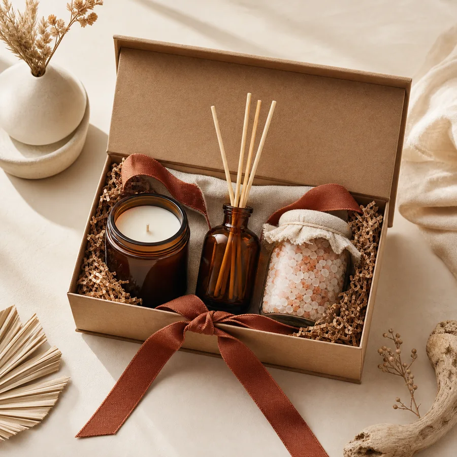 A candle, diffuser and bath salts arranged in a gift box
