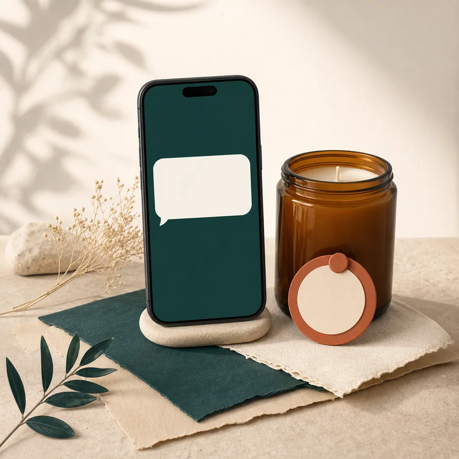 A phone message beside an amber candle and reminder marker