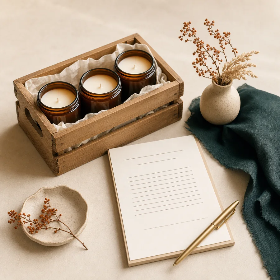 A candle crate beside a simple wholesale order sheet